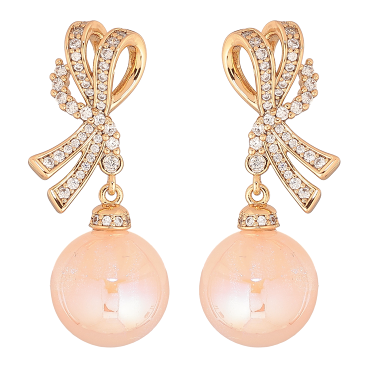 Сережки Xuping Позолота 18K пусети «Банти з персиковими перламутровими кульками» фото №5