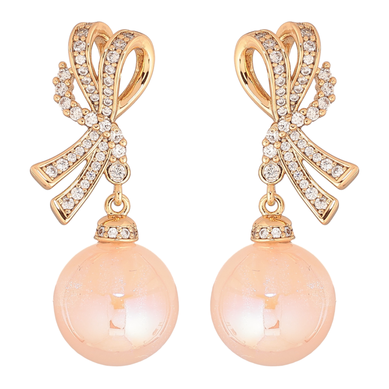Серьги Xuping Позолота 18K пусеты Банты с персиковыми перламутровыми шариками фото №1 Серьги Xuping Позолота 18K пусеты Банты с персиковыми перламутровыми шариками фото №1