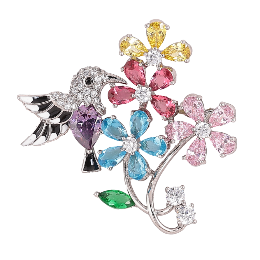 Брошь Xuping Родий Разноцветные кристальные цветочки с птичкой фото №1 Брошь Xuping Родий Разноцветные кристальные цветочки с птичкой фото №1