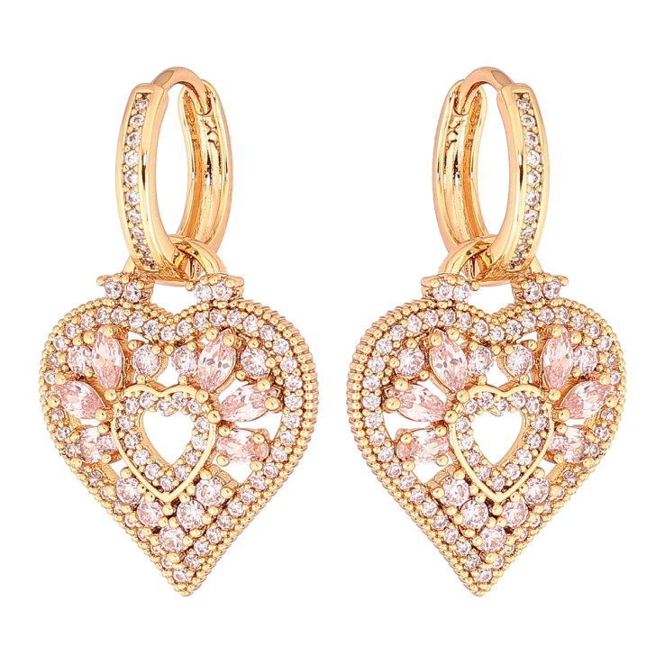 Серьги Xuping Позолота 18K подвески на колечках Сердечки с инкрустацией розовыми кристаллами 2 в 1 фото №16