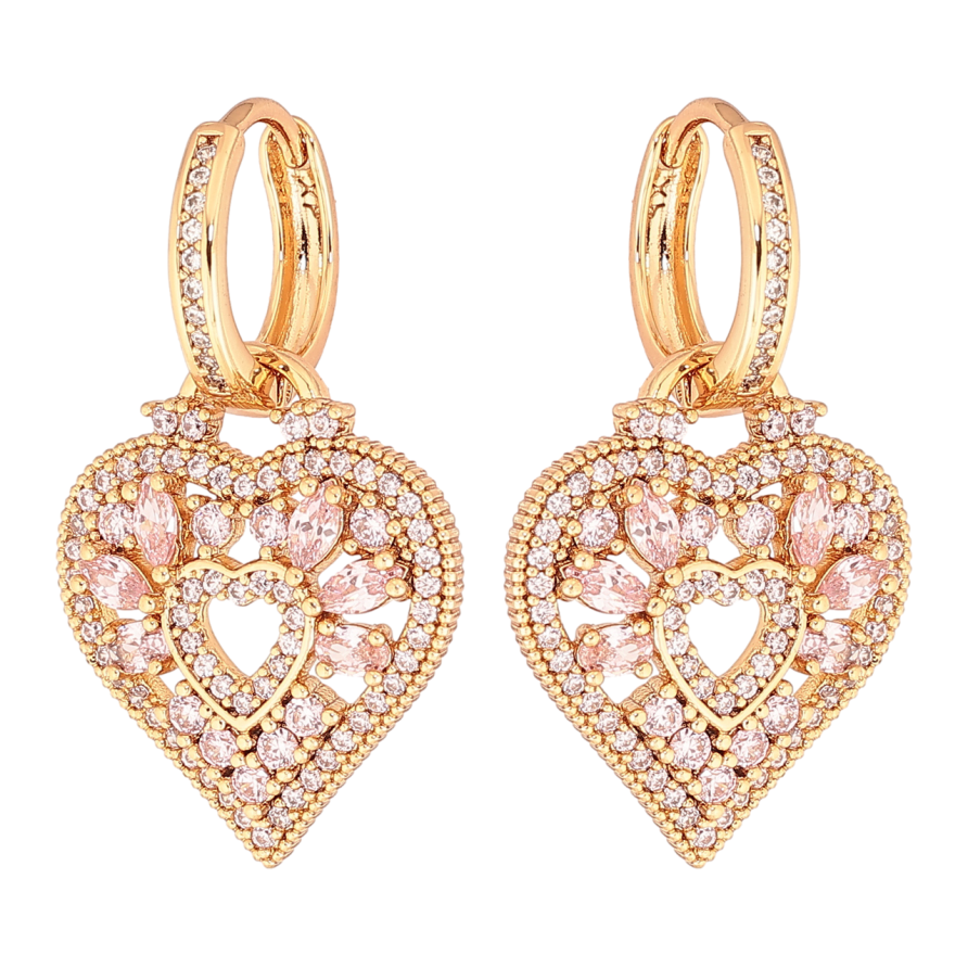 Серьги Xuping Позолота 18K подвески на колечках Сердечки с инкрустацией розовыми кристаллами 2 в 1 фото №1