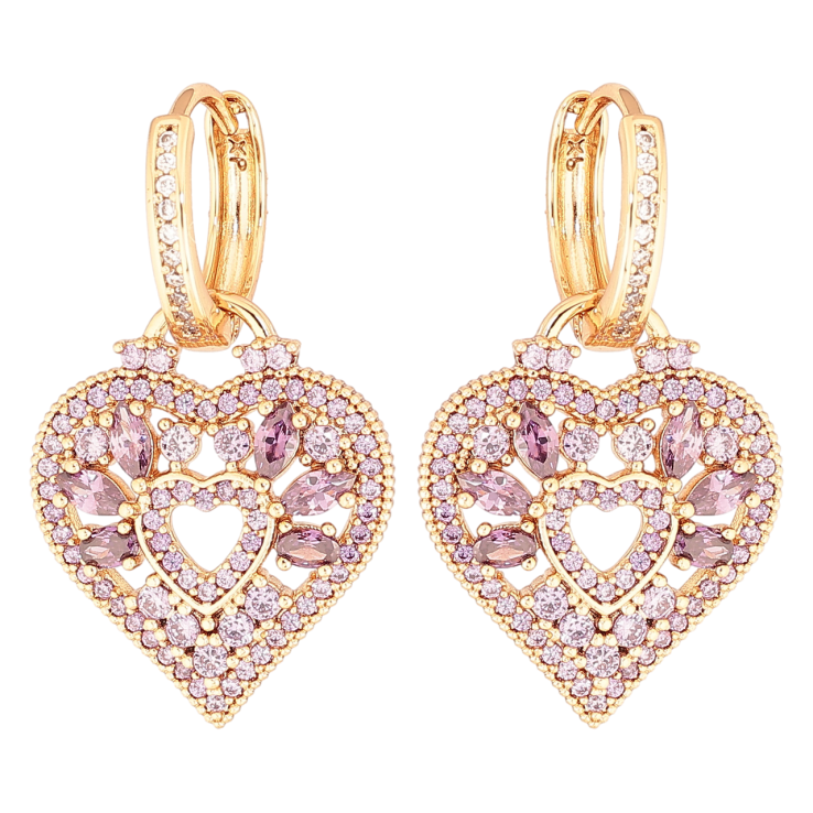 Серьги Xuping Позолота 18K подвески на колечках Сердечки с инкрустацией сиреневыми кристаллами 2 в 1 фото №15