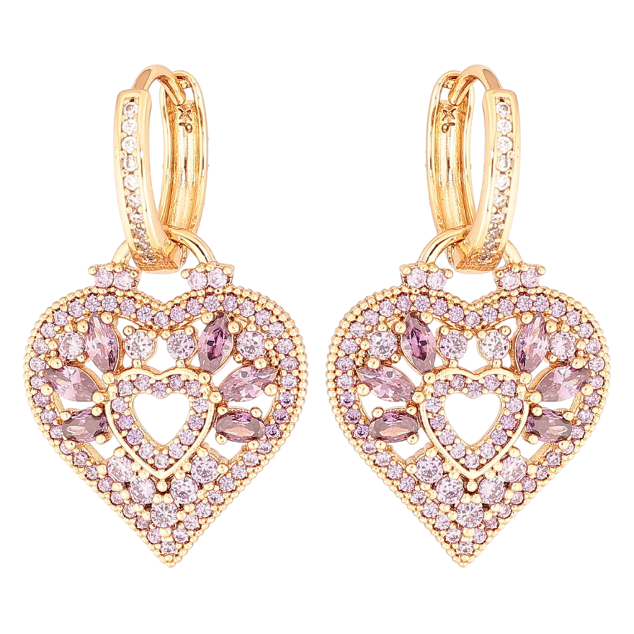 Серьги Xuping Позолота 18K подвески на колечках Сердечки с инкрустацией сиреневыми кристаллами 2 в 1 фото №1
