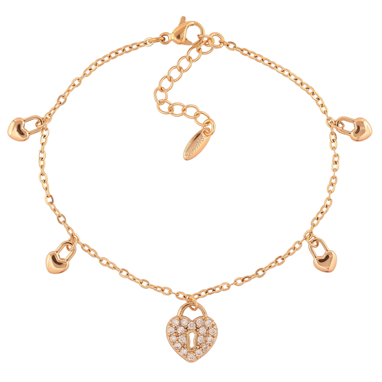 Браслет Xuping Позолота 18K Цепочка с подвесками сердечками-замочками размер с доп. цепочкой 17-20,5см х 2мм фото №1