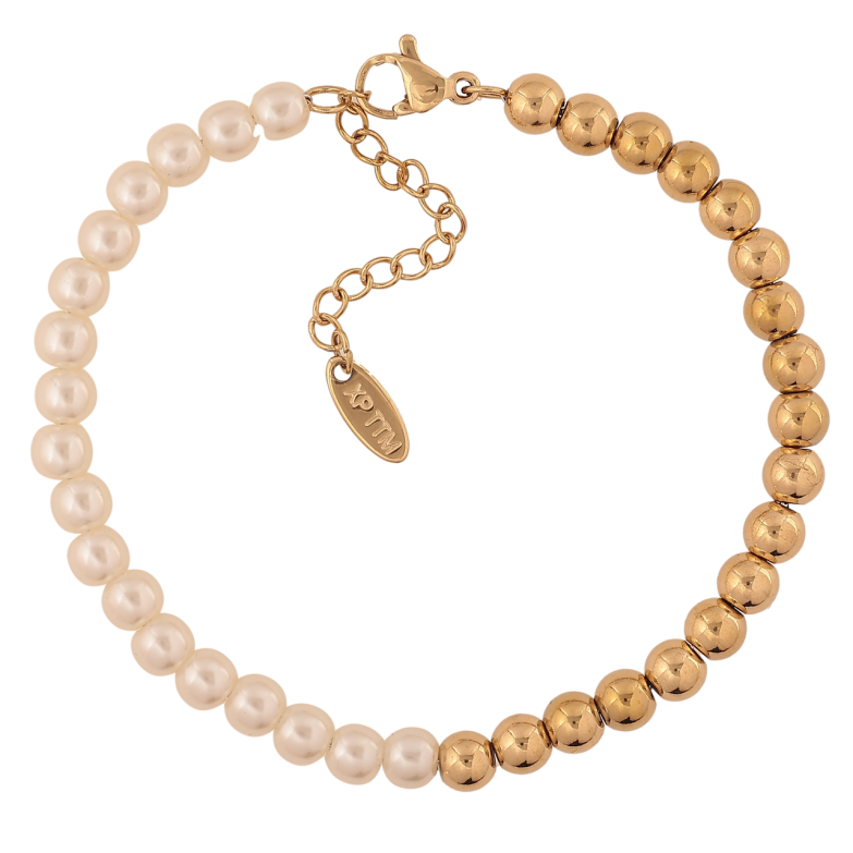 Браслет Xuping ТТМ Stainless Steel колір 14К «Золотисто-перлинні намистини» з додатковим ланцюжком 17,5-21 см х 5 мм фото №1