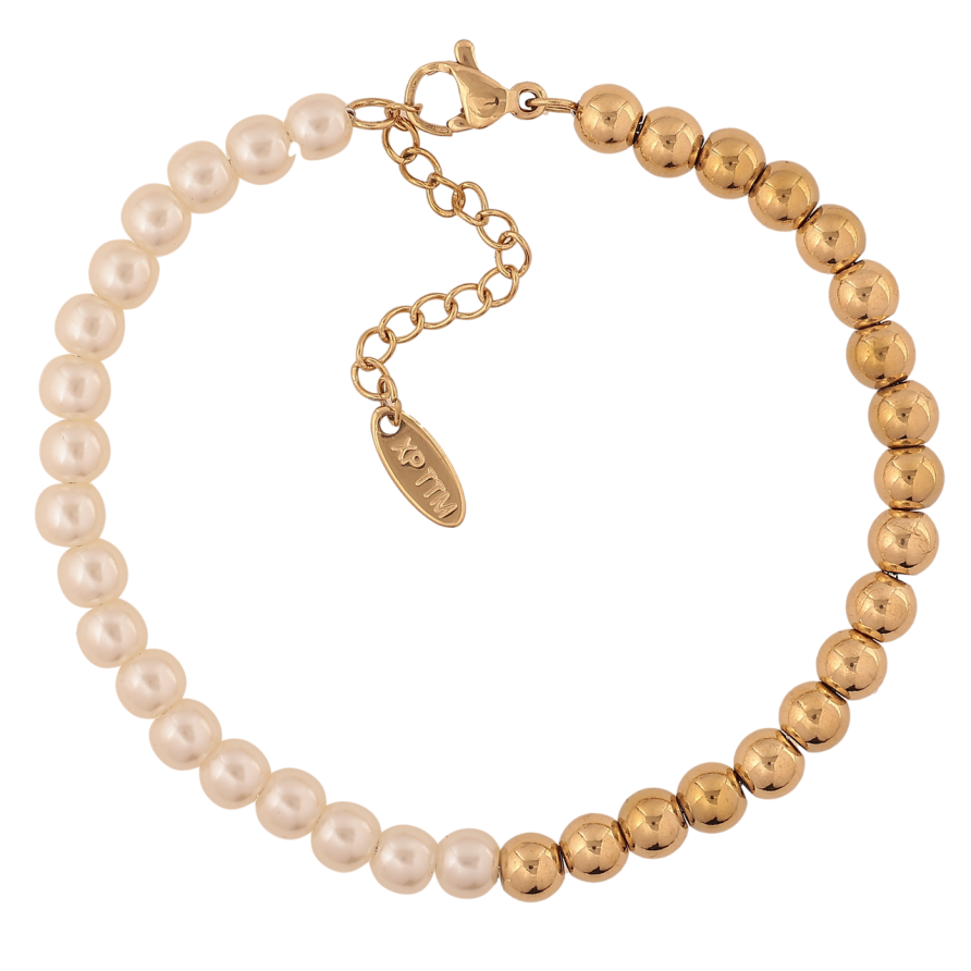 Браслет Xuping ТТМ Stainless Steel колір 14К «Золотисто-перлинні намистини» з додатковим ланцюжком 17,5-21 см х 5 мм фото №1 Браслет Xuping ТТМ Stainless Steel колір 14К «Золотисто-перлинні намистини» з додатковим ланцюжком 17,5-21 см х 5 мм фото №1