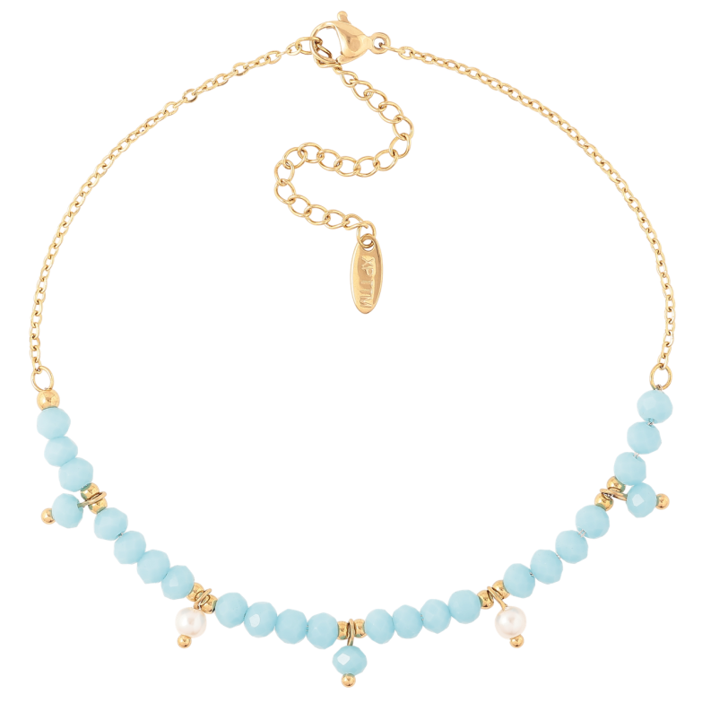 Браслет Xuping ТТМ Stainless Steel цвет 14К (на ногу) Цепочка с голубыми бусинами длинна 24-29см х 1.5мм фото №1