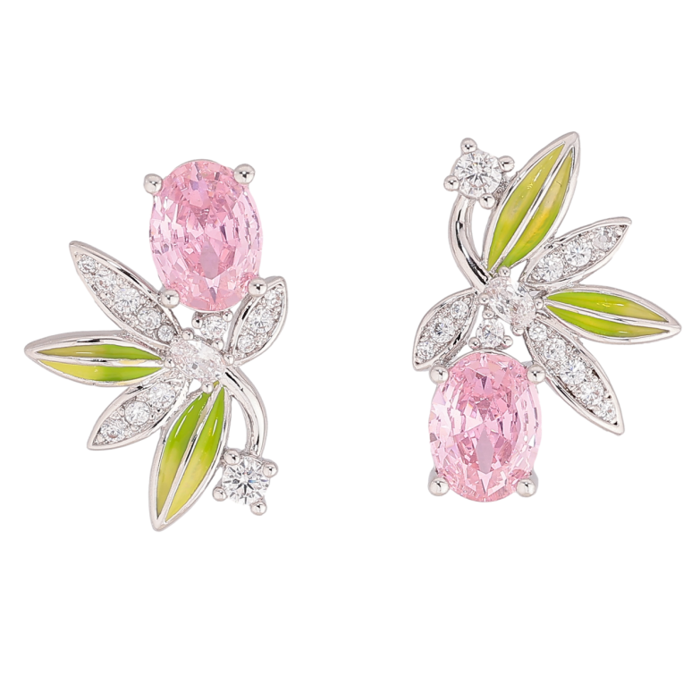 Сережки Xuping колір Родій пусети Асиметричний візерунок з рожевими кристалами та емаллю фото №1