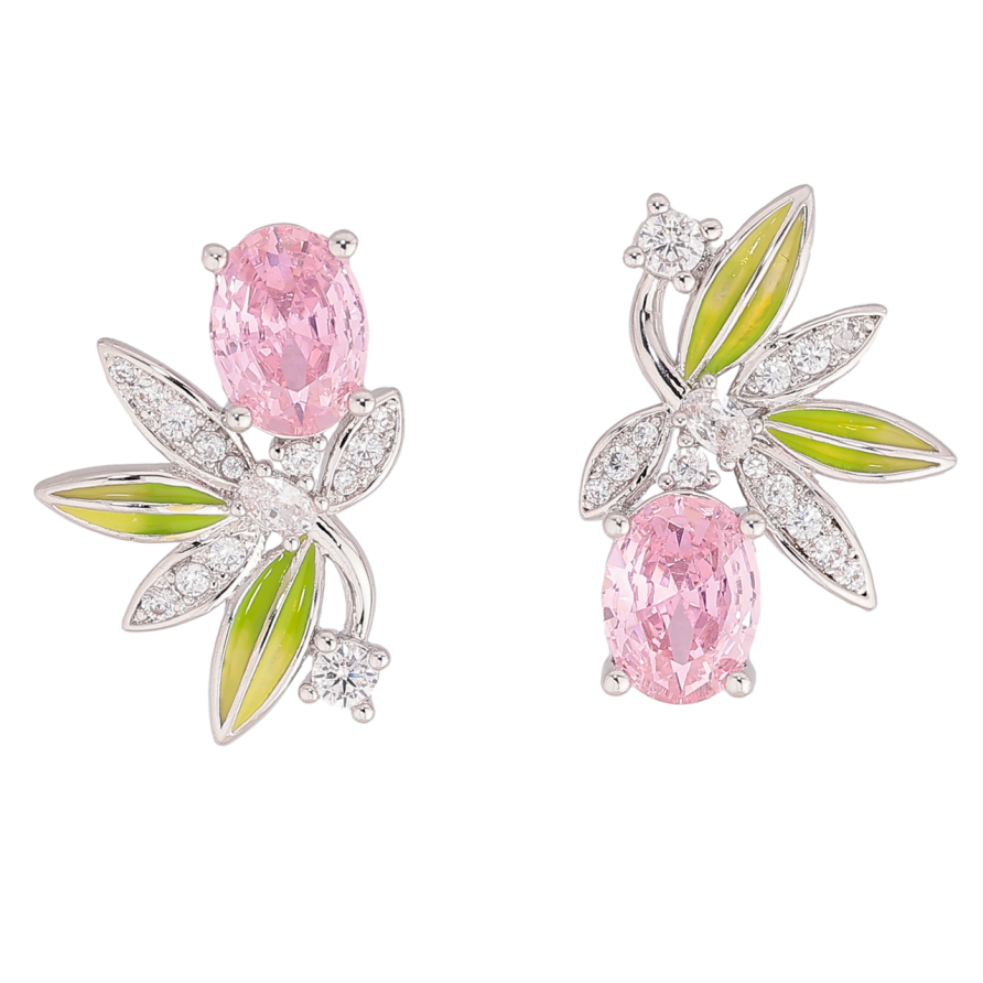 Серьги Xuping цвет Родий пусеты Ассиметричный узор с розовыми кристаллами и эмалью фото №1