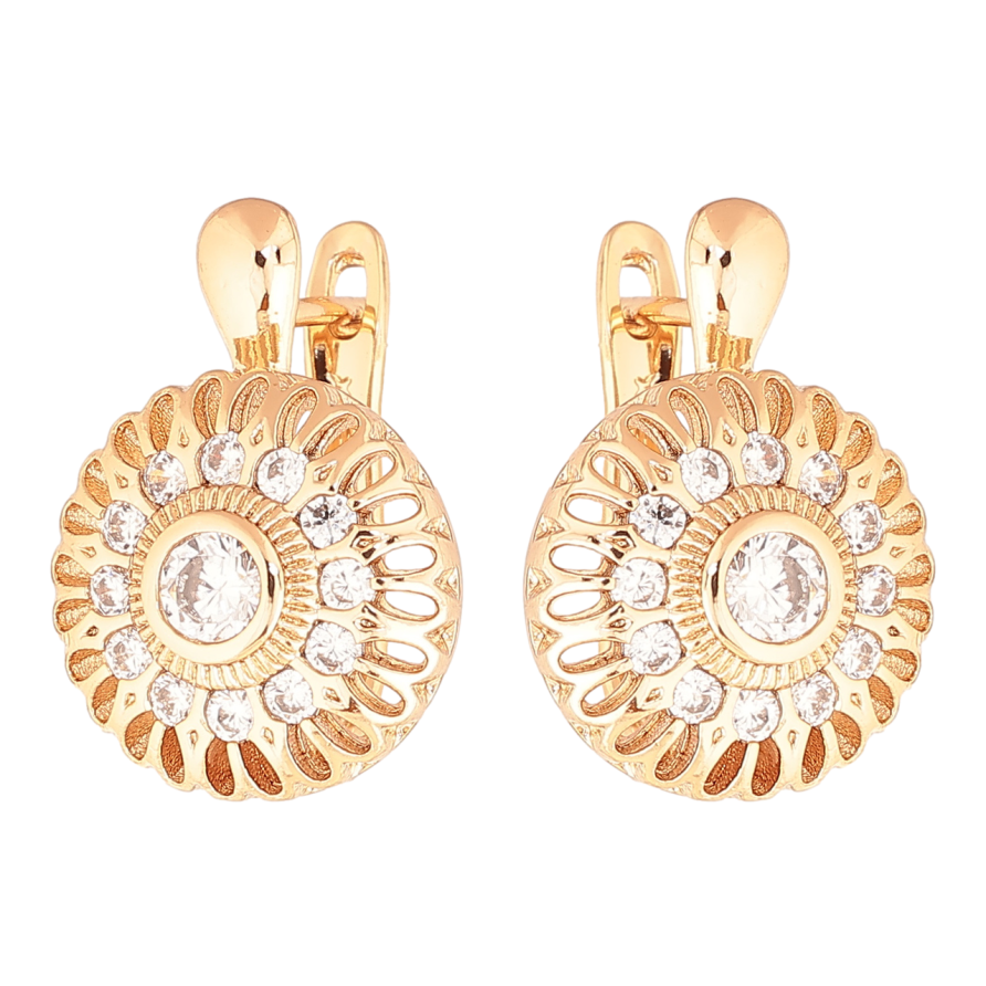 Сережки Xuping колір Позолота 18K англійський замок Різьблені кола з кристалами фото №1 Сережки Xuping колір Позолота 18K англійський замок Різьблені кола з кристалами фото №1