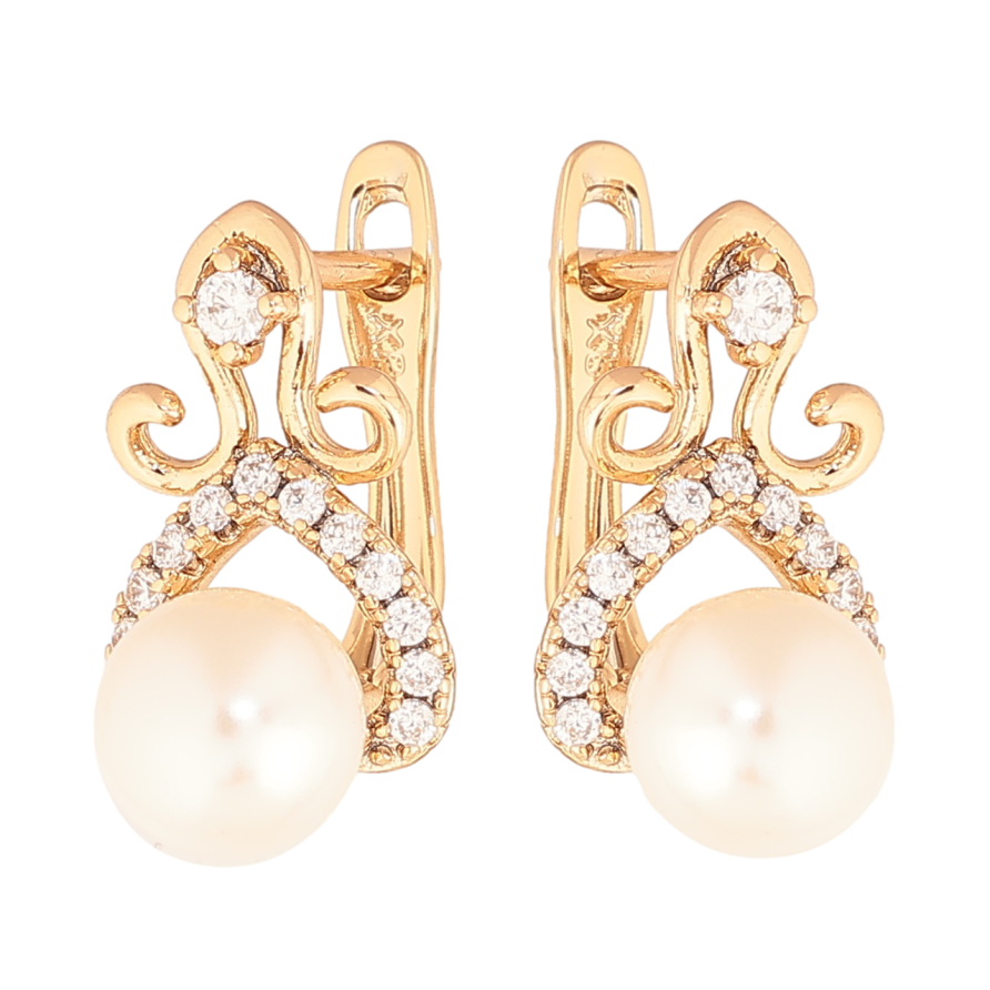 Сережки Xuping колір Позолота 18K англійський замок Візерунок з кристалами і перлинами фото №1 Сережки Xuping колір Позолота 18K англійський замок Візерунок з кристалами і перлинами фото №1