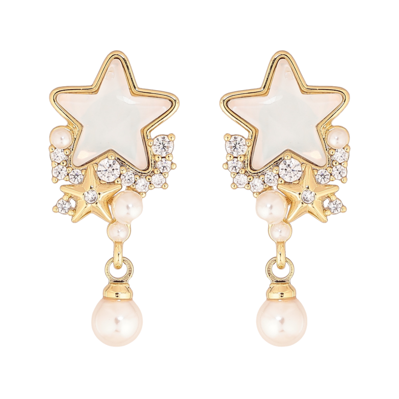 Серьги Xuping цвет Позолота 14K пусеты Белые звезды с кристаллами и жемчужинами фото №1