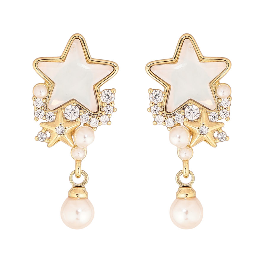 Серьги Xuping цвет Позолота 14K пусеты Белые звезды с кристаллами и жемчужинами фото №1