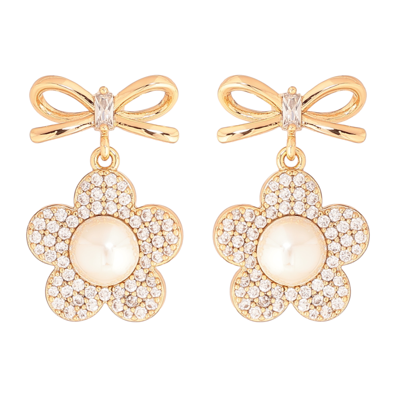Серьги Xuping Цвет Позолота 18K пусеты Цветочки с жемчужинами и инкрустацией кристаллами фото №1