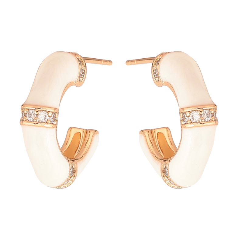 Серьги Xuping Цвет Позолота 18K пусеты Дуги с белой эмалью и кристаллами фото №2 Серьги Xuping Цвет Позолота 18K пусеты Дуги с белой эмалью и кристаллами фото №2