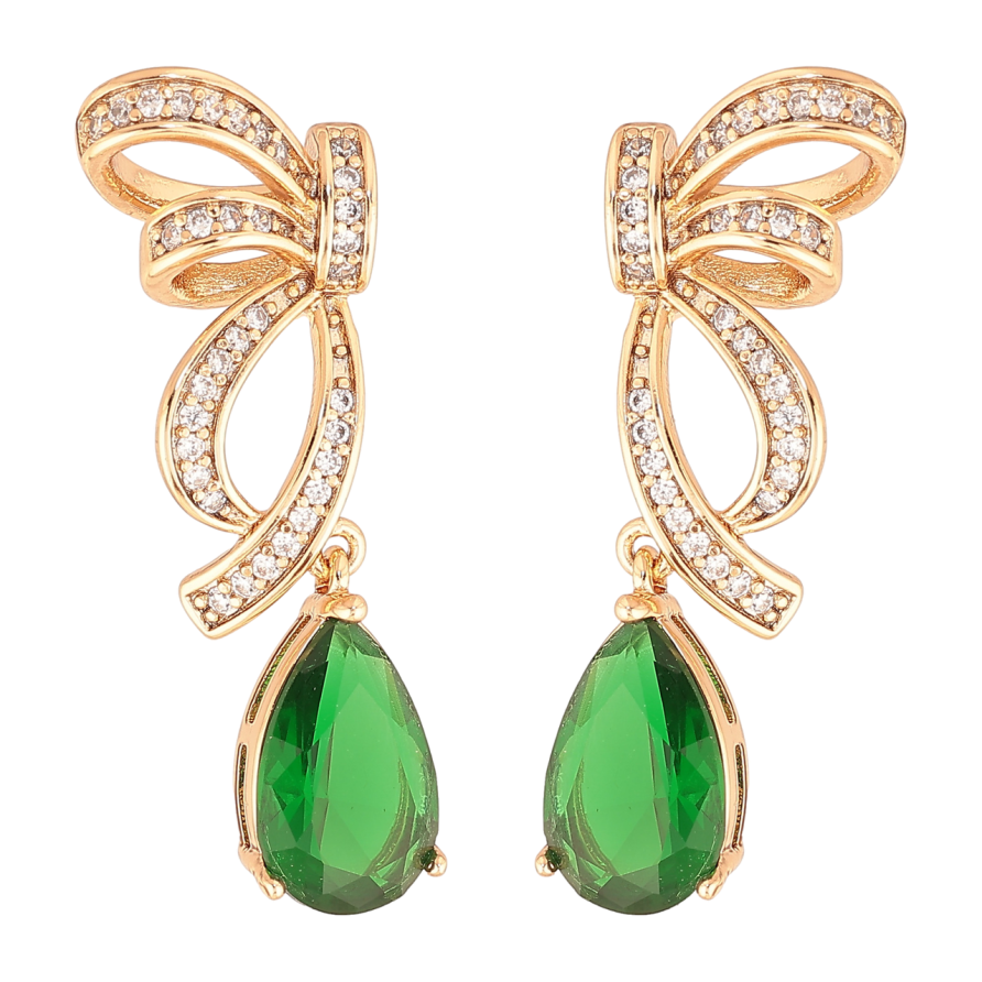 Серьги Xuping Цвет Позолота 18K пусеты Банты с зелеными кристальными капельками фото №1