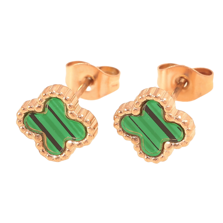 Серьги Нержавеющая сталь пусеты Клевер с зелеными вставками 8х8мм фото №22