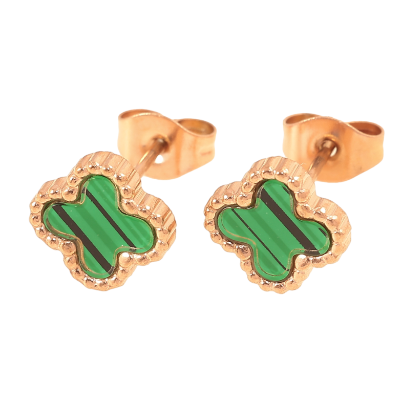 Серьги Нержавеющая сталь пусеты Клевер с зелеными вставками 8х8мм фото №1