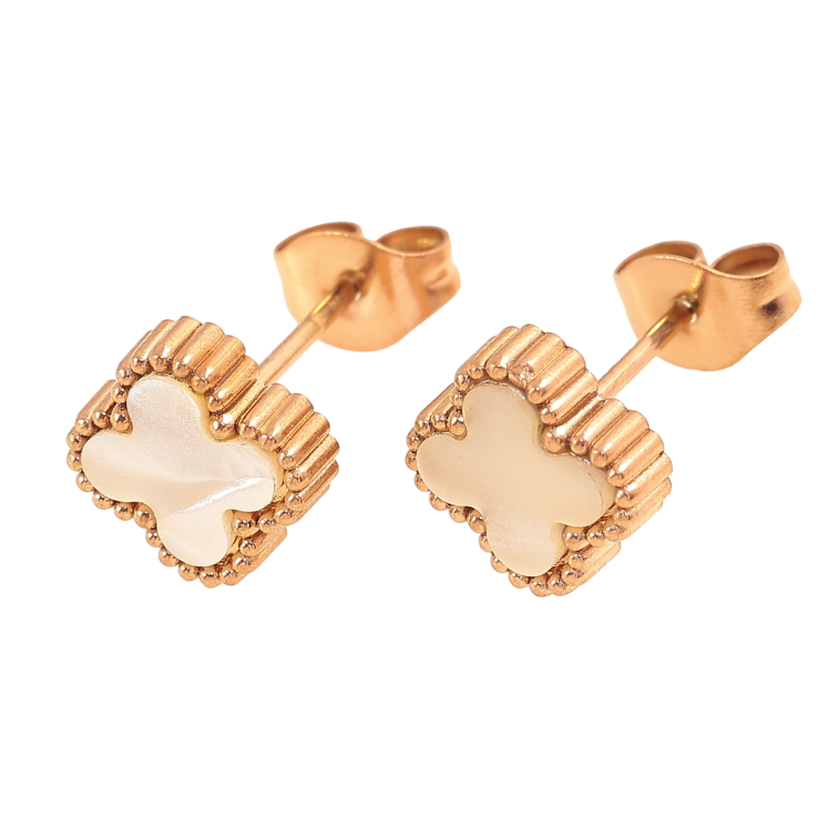 Сережки Нержавіюча сталь пусети Конюшина з перламутровими вставками 8х8мм фото №21