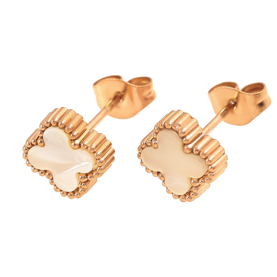 Сережки Нержавіюча сталь пусети Конюшина з перламутровими вставками 8х8мм фото №1