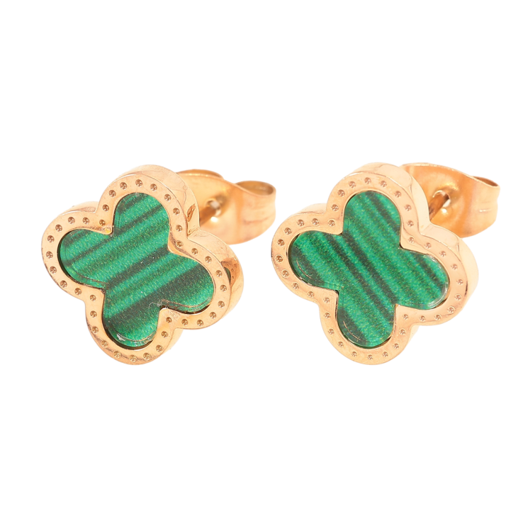 Серьги Нержавеющая сталь пусеты Клевер с зелеными вставками 10х10мм фото №5