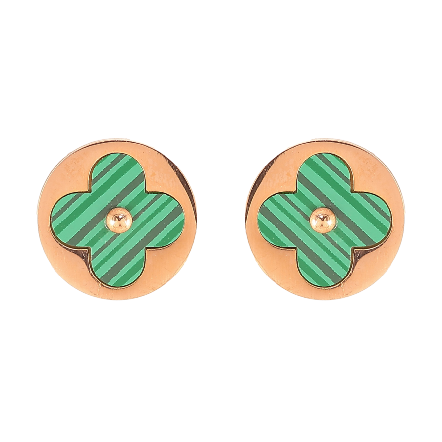 Серьги Нержавеющая сталь пусеты Клевер с зелеными вставками в кругах ø 12мм фото №1