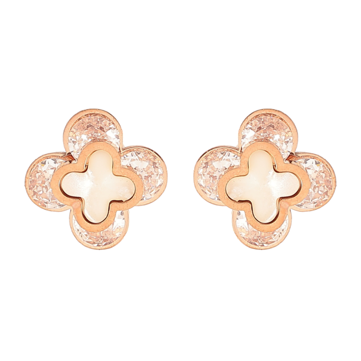 Серьги Нержавеющая сталь пусеты Клевер из кристаллов с перламутровыми вставками 9х9мм фото №9
