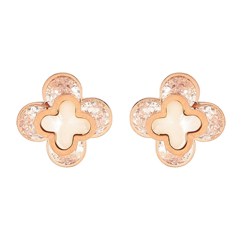 Сережки Нержавіюча сталь пусети Конюшина з кристалів з перламутровими вставками 9х9мм фото №1