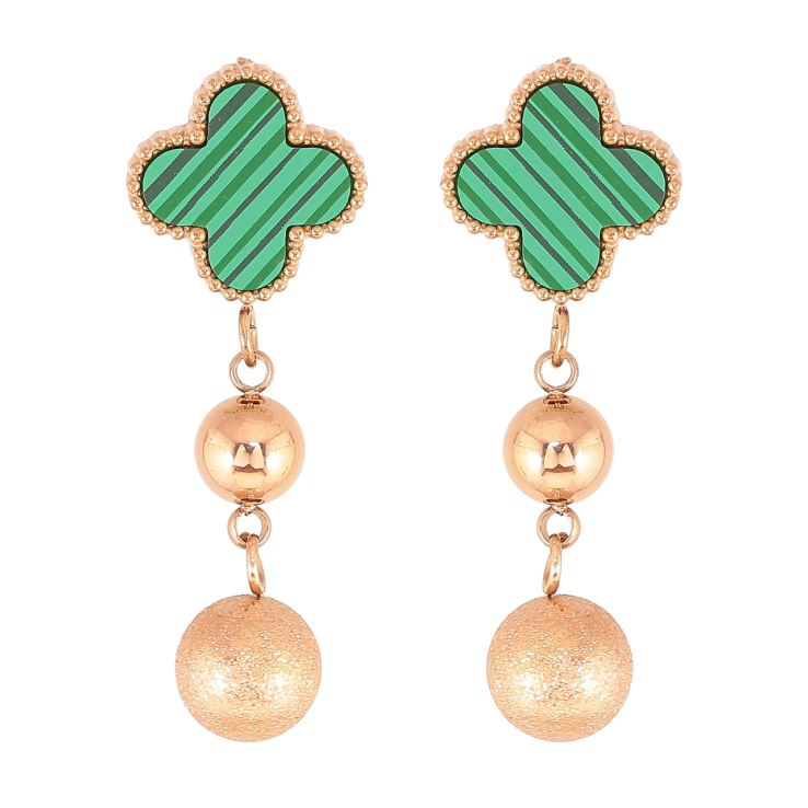Серьги Нержавеющая сталь пусеты Клевер с зелеными вставками и подвесками шариками фото №11