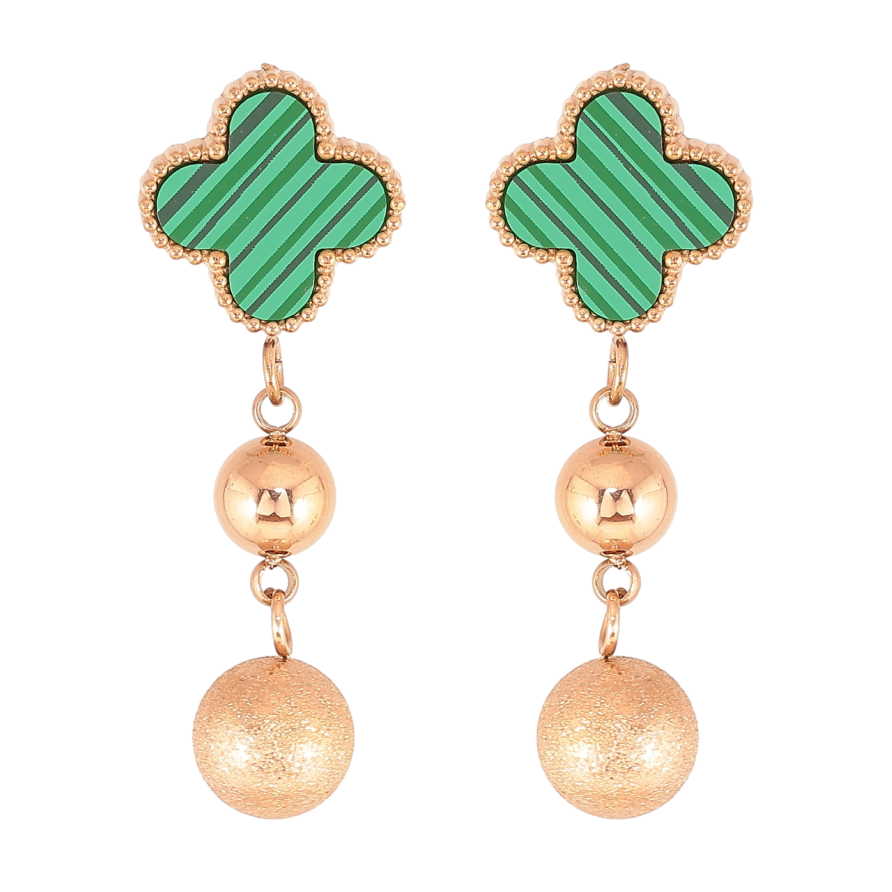 Серьги Нержавеющая сталь пусеты Клевер с зелеными вставками и подвесками шариками фото №1