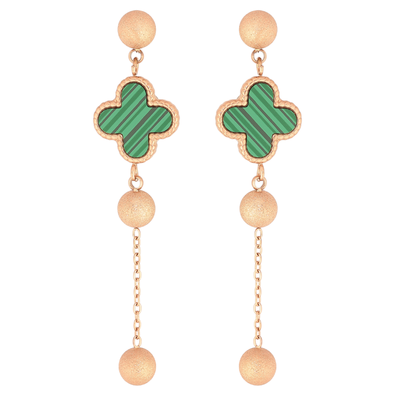Серьги Нержавеющая сталь пусеты Подвески клевер с зелеными вставками и шариками фото №1