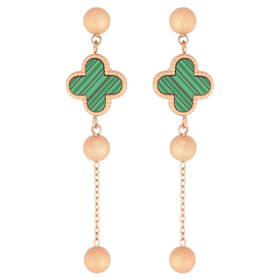 Серьги Нержавеющая сталь пусеты Подвески клевер с зелеными вставками и шариками фото №1