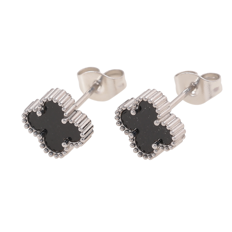 Сережки Нержавіюча сталь пусети Конюшина з чорними вставками 8х8мм фото №16