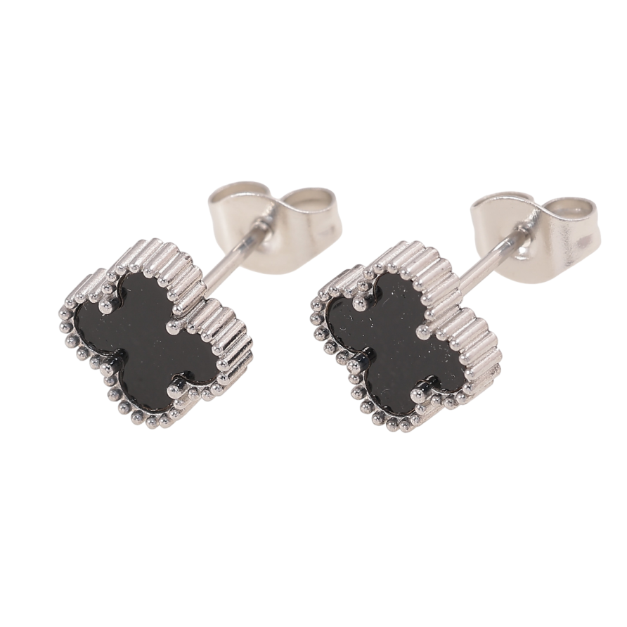 Сережки Нержавіюча сталь пусети Конюшина з чорними вставками 8х8мм фото №1