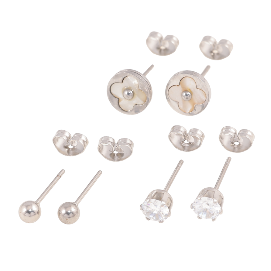 Сережки Набір Нержавіюча сталь пусети Кульки, кристали ø 4мм, конюшина з перламутровою вставкою ø 8мм фото №1