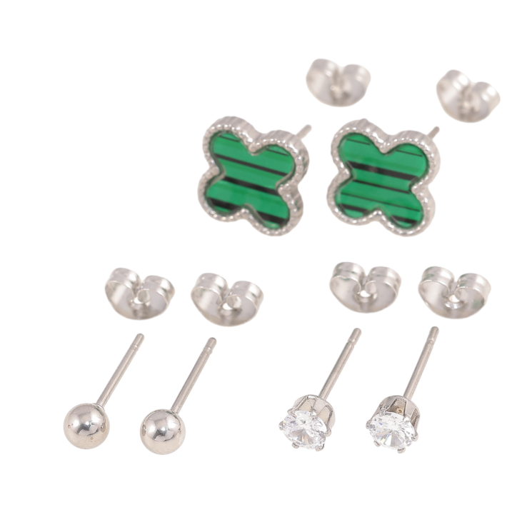 Серьги Набор Нержавеющая сталь пусеты Шарики, кристаллы ø 4мм, клевер с зеленой вставкой 10х10мм фото №19