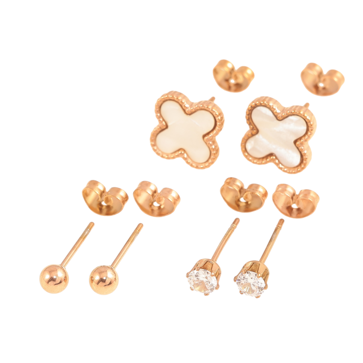 Сережки Набір Нержавіюча сталь пусети Кульки, кристали ø 4 мм, конюшина із перламутровою вставкою 10х10 мм фото №2