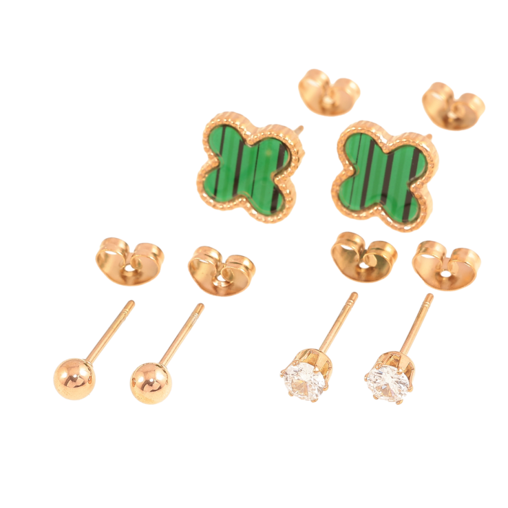 Сережки Набір Нержавіюча сталь пусети Кульки, кристали ø 4 мм, конюшина із зеленою вставкою 10х10 мм фото №3