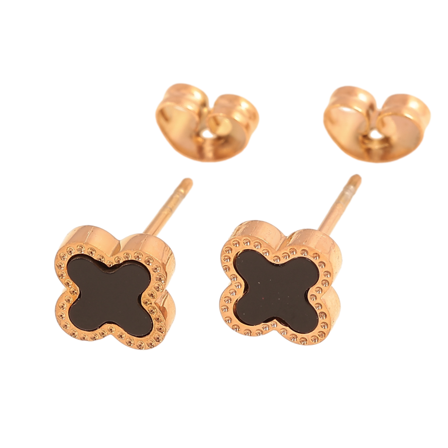 Сережки Нержавіюча сталь пусети Конюшина з чорною вставкою 7х7мм фото №1