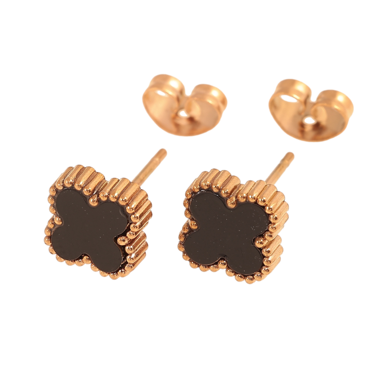 Сережки Нержавіюча сталь пусети Конюшина з чорною вставкою 8х8мм фото №13