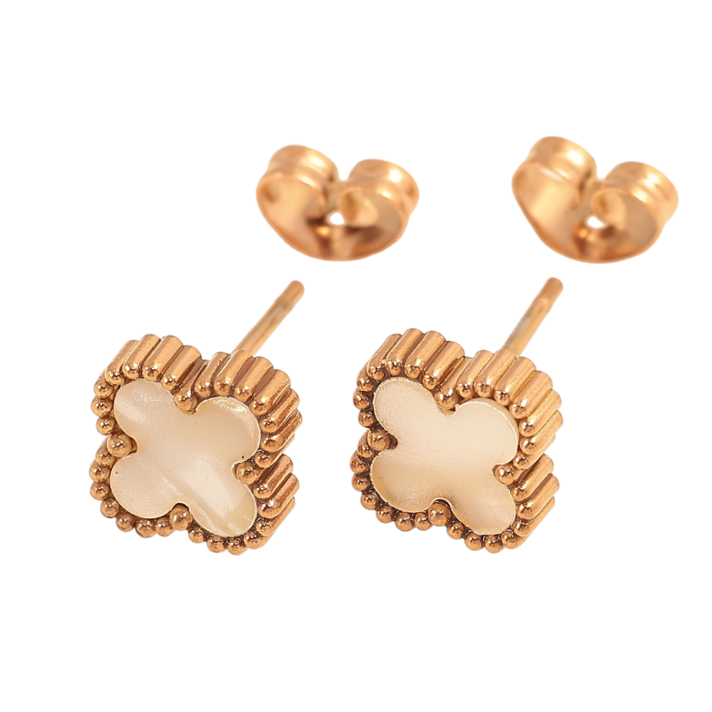 Серьги Нержавеющая сталь пусеты Клевер с перламутровой вставкой 8х8мм фото №1