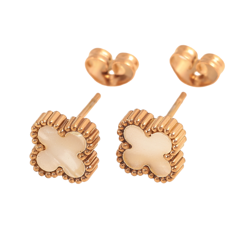 Серьги Нержавеющая сталь пусеты Клевер с перламутровой вставкой 8х8мм фото №1