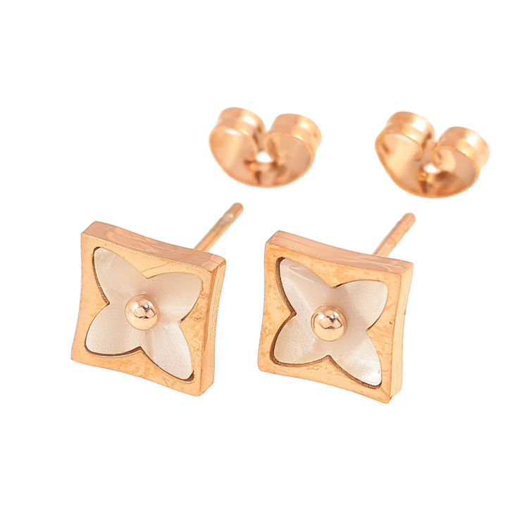 Сережки Нержавіюча сталь пусети Конюшина з перламутровою вставкою 8х8мм фото №18