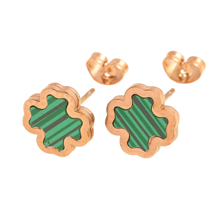 Серьги Нержавеющая сталь пусеты Клевер с зеленой вставкой 11х11мм фото №5