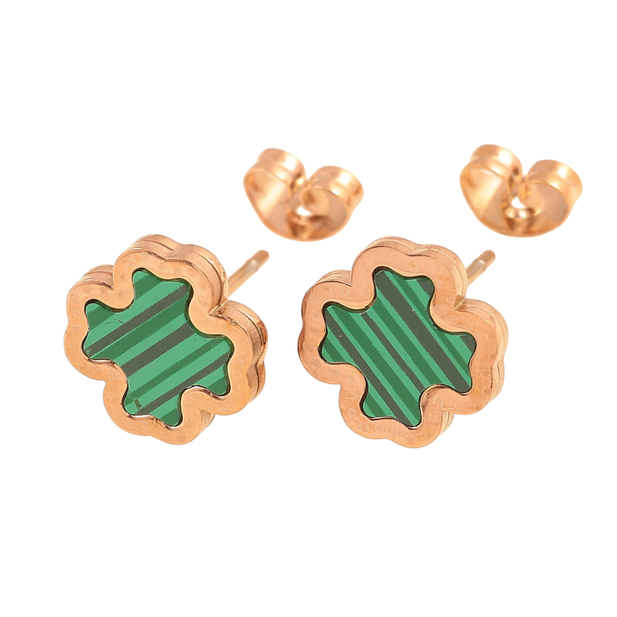 Серьги Нержавеющая сталь пусеты Клевер с зеленой вставкой 11х11мм фото №1