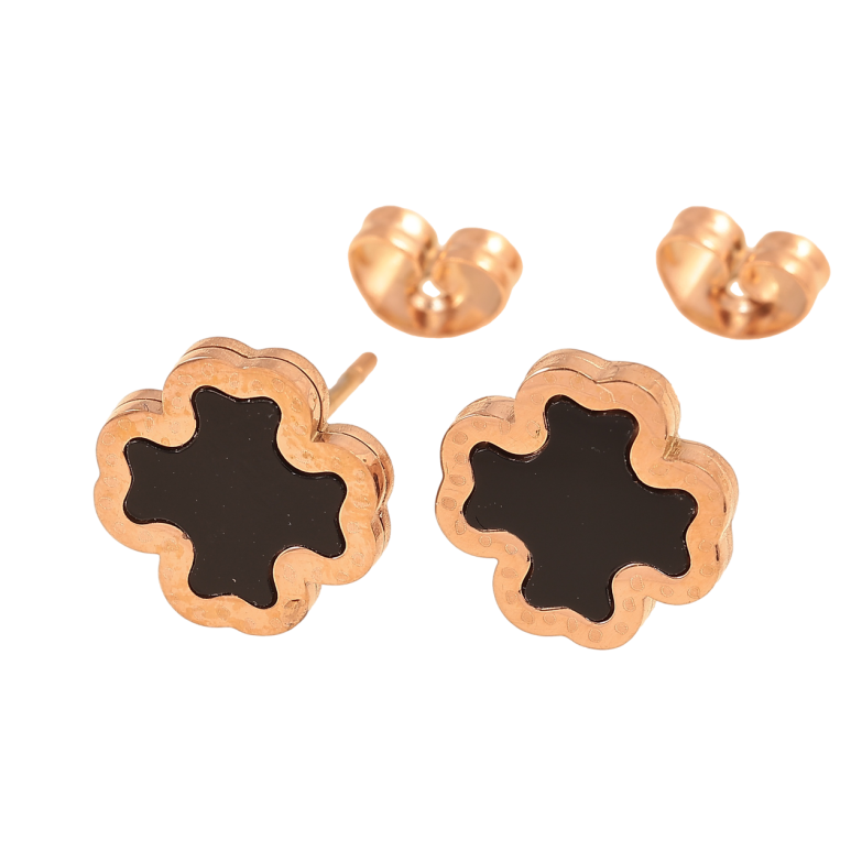 Серьги Нержавеющая сталь пусеты Клевер с черной вставкой 11х11мм фото №3