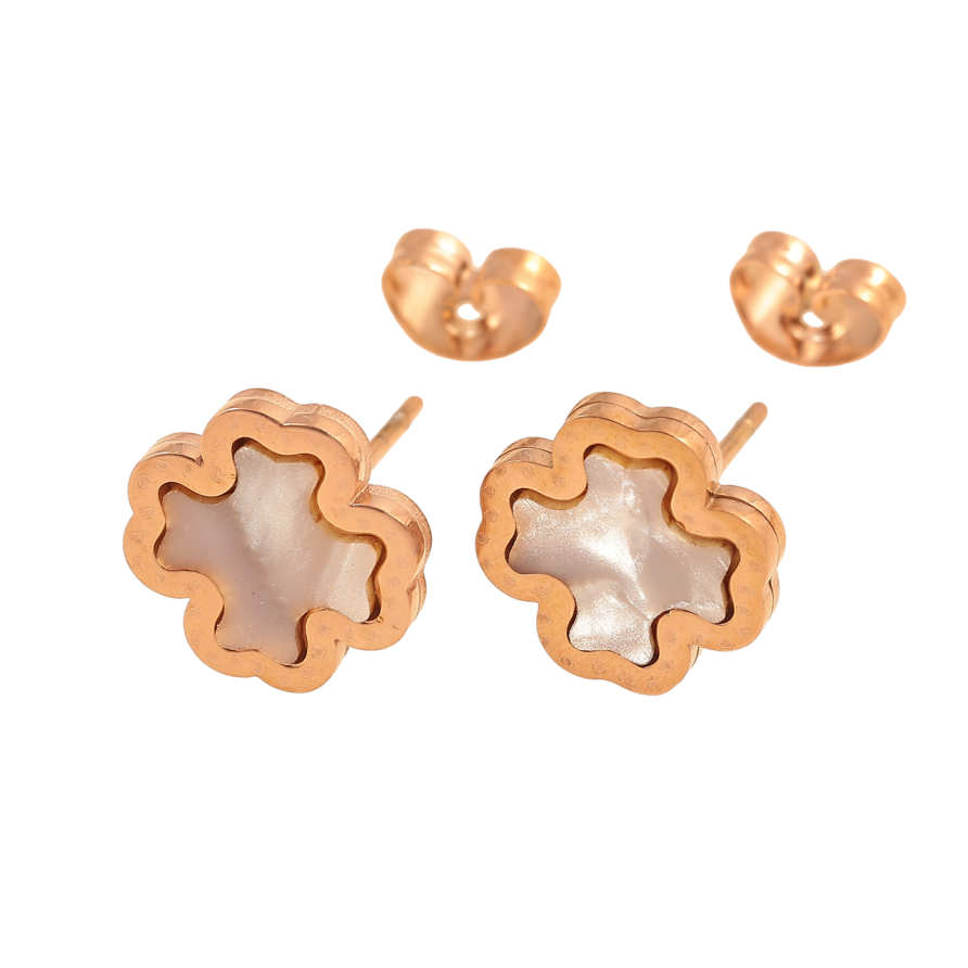 Серьги Нержавеющая сталь пусеты Клевер с перламутровой вставкой 11х11мм фото №1