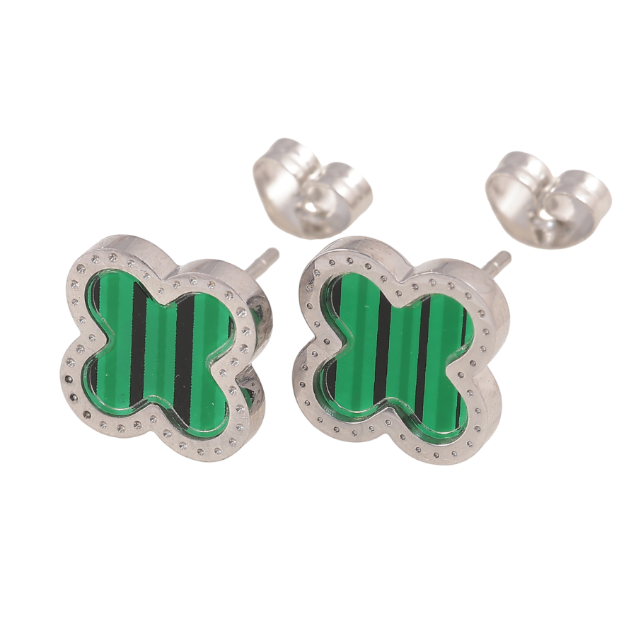 Серьги Нержавеющая сталь пусеты Клевер с зеленой вставкой 10х10мм фото №1