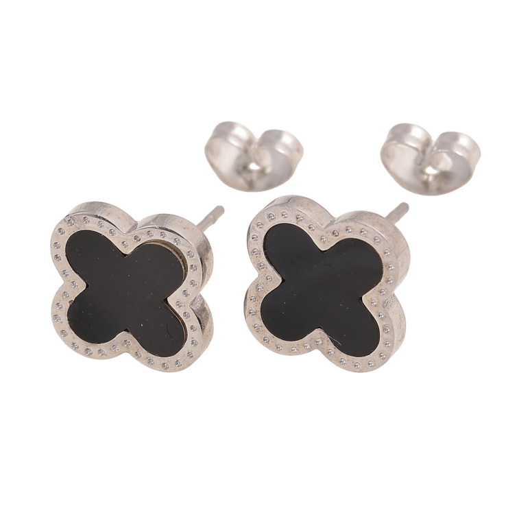 Сережки Нержавіюча сталь пусети Конюшина з чорною вставкою 10х10мм фото №15