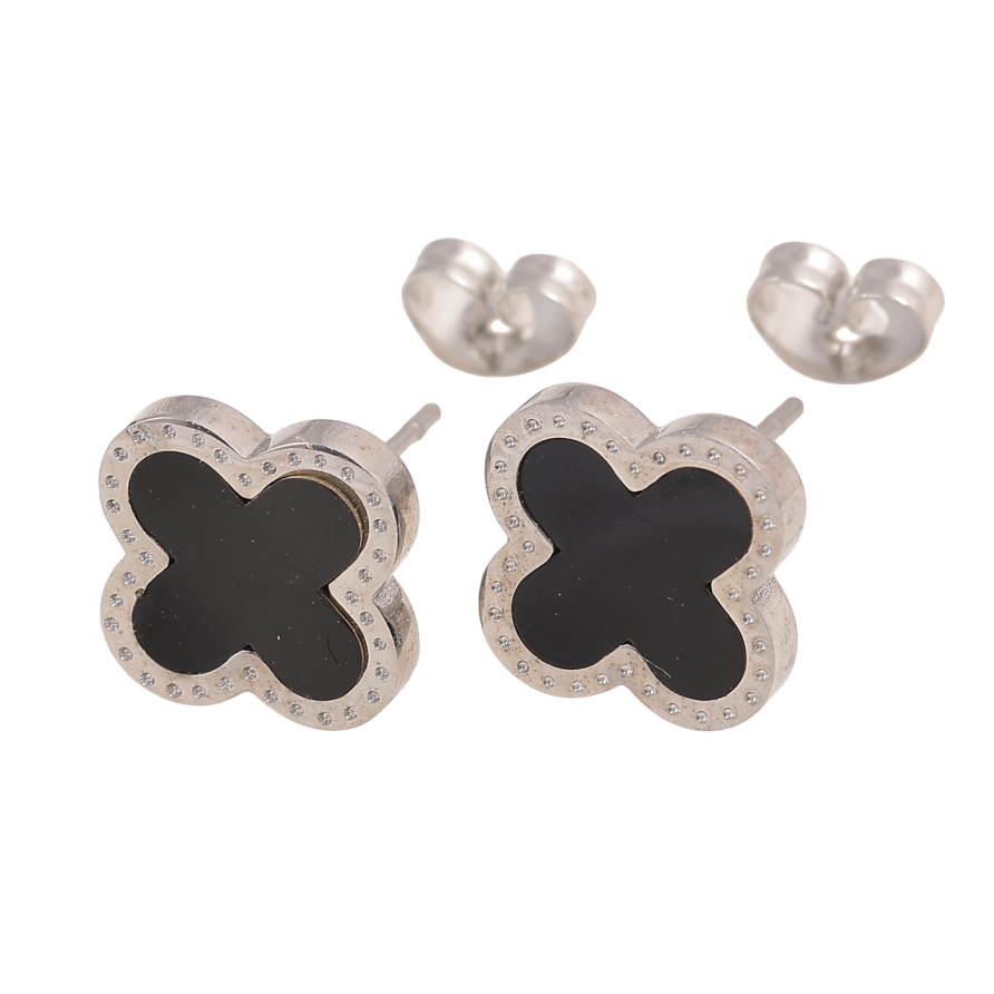Сережки Нержавіюча сталь пусети Конюшина з чорною вставкою 10х10мм фото №1
